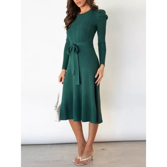 Solid Color Tied Waist High Waisted Long Sleeves Round-Neck Sweater Dresses Midi Dresses