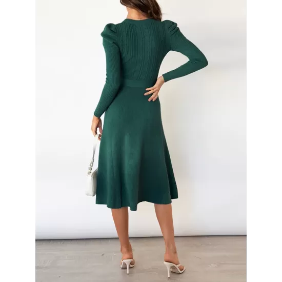 Solid Color Tied Waist High Waisted Long Sleeves Round-Neck Sweater Dresses Midi Dresses