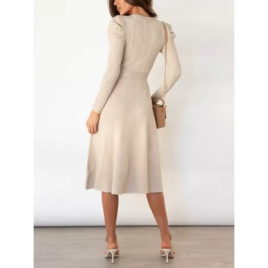 Solid Color Tied Waist High Waisted Long Sleeves Round-Neck Sweater Dresses Midi Dresses