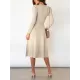 Solid Color Tied Waist High Waisted Long Sleeves Round-Neck Sweater Dresses Midi Dresses