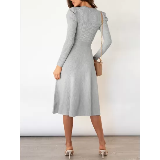 Solid Color Tied Waist High Waisted Long Sleeves Round-Neck Sweater Dresses Midi Dresses