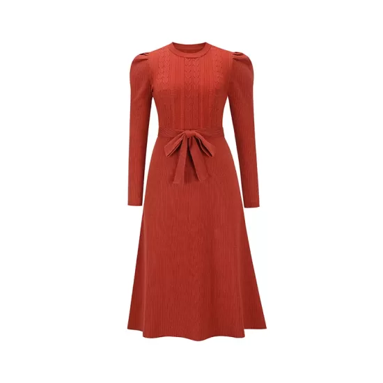 Solid Color Tied Waist High Waisted Long Sleeves Round-Neck Sweater Dresses Midi Dresses