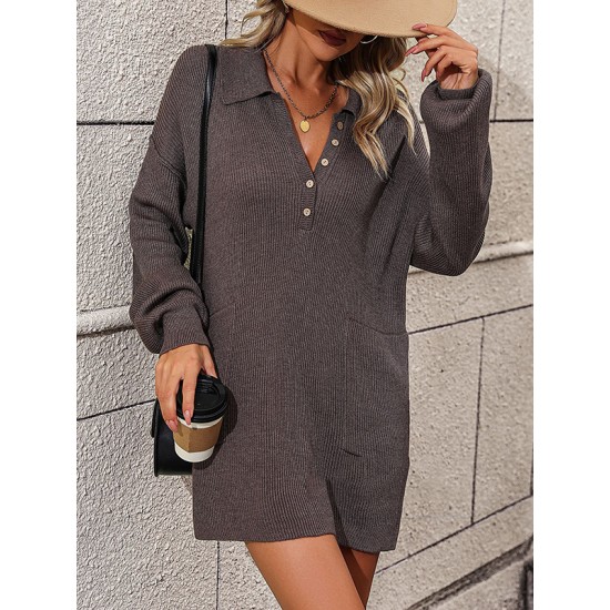 Split-Joint Loose Puff Sleeves Lapel Sweater Dresses Mini Dresses