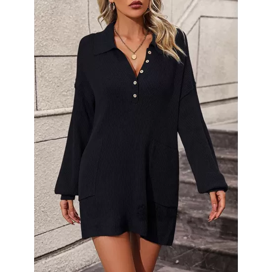 Split-Joint Loose Puff Sleeves Lapel Sweater Dresses Mini Dresses