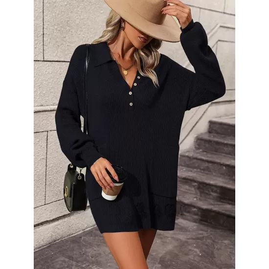 Split-Joint Loose Puff Sleeves Lapel Sweater Dresses Mini Dresses