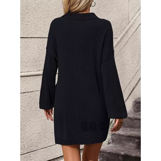 Split-Joint Loose Puff Sleeves Lapel Sweater Dresses Mini Dresses