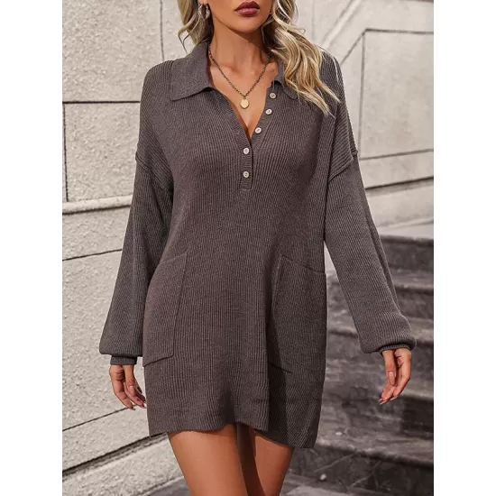 Split-Joint Loose Puff Sleeves Lapel Sweater Dresses Mini Dresses