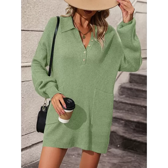 Split-Joint Loose Puff Sleeves Lapel Sweater Dresses Mini Dresses