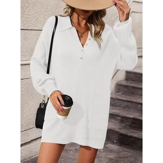 Split-Joint Loose Puff Sleeves Lapel Sweater Dresses Mini Dresses