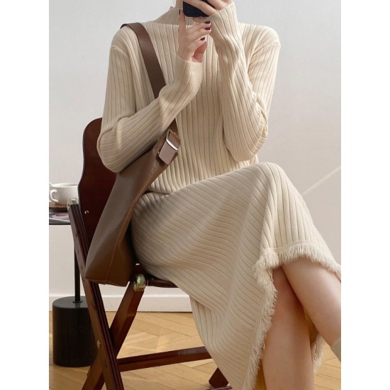 Fringed Solid Color Long Sleeves Loose Mock Neck Sweater Dresses Midi Dresses