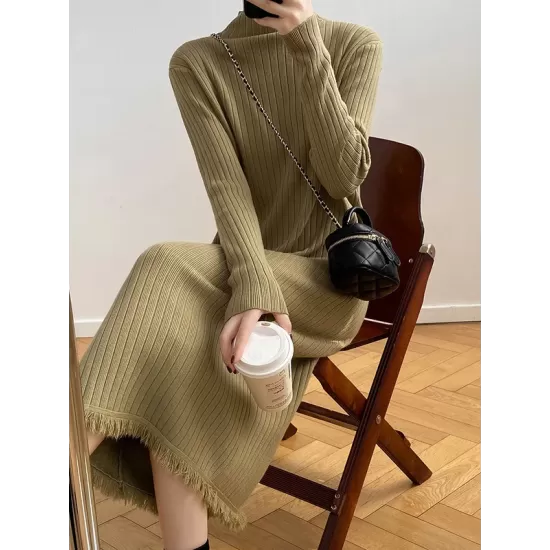 Fringed Solid Color Long Sleeves Loose Mock Neck Sweater Dresses Midi Dresses