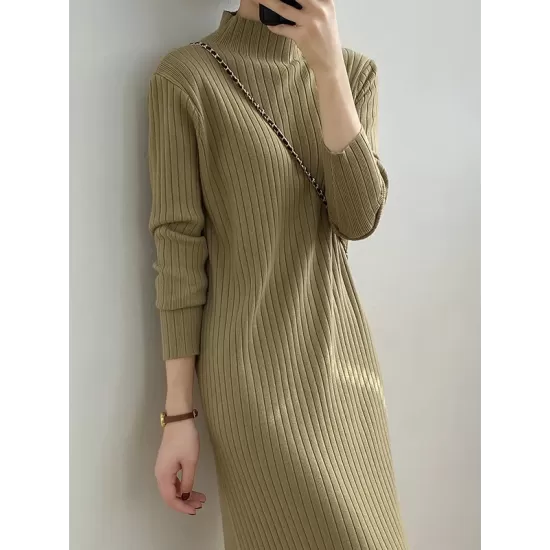 Fringed Solid Color Long Sleeves Loose Mock Neck Sweater Dresses Midi Dresses