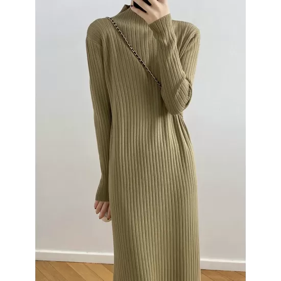 Fringed Solid Color Long Sleeves Loose Mock Neck Sweater Dresses Midi Dresses