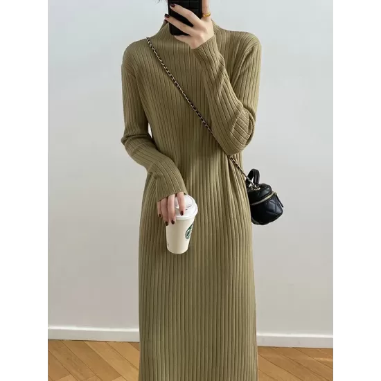 Fringed Solid Color Long Sleeves Loose Mock Neck Sweater Dresses Midi Dresses