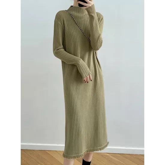 Fringed Solid Color Long Sleeves Loose Mock Neck Sweater Dresses Midi Dresses