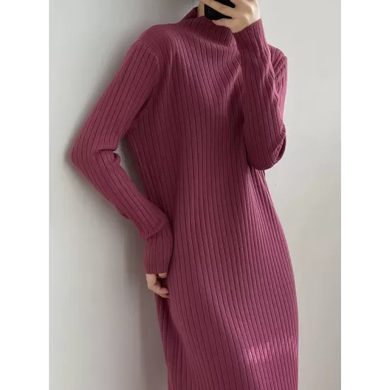 Fringed Solid Color Long Sleeves Loose Mock Neck Sweater Dresses Midi Dresses