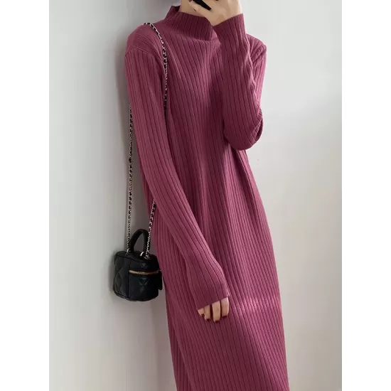 Fringed Solid Color Long Sleeves Loose Mock Neck Sweater Dresses Midi Dresses