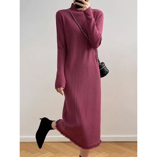 Fringed Solid Color Long Sleeves Loose Mock Neck Sweater Dresses Midi Dresses