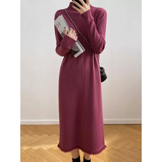 Fringed Solid Color Long Sleeves Loose Mock Neck Sweater Dresses Midi Dresses