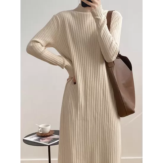 Fringed Solid Color Long Sleeves Loose Mock Neck Sweater Dresses Midi Dresses