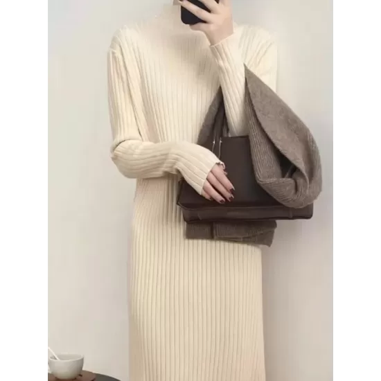 Fringed Solid Color Long Sleeves Loose Mock Neck Sweater Dresses Midi Dresses