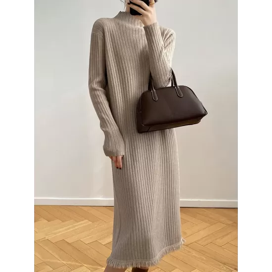 Fringed Solid Color Long Sleeves Loose Mock Neck Sweater Dresses Midi Dresses