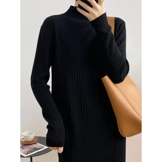 Fringed Solid Color Long Sleeves Loose Mock Neck Sweater Dresses Midi Dresses