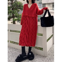 Solid Color Split-Joint Tasseled Long Sleeves Loose V-Neck Sweater Dresses Midi Dresses