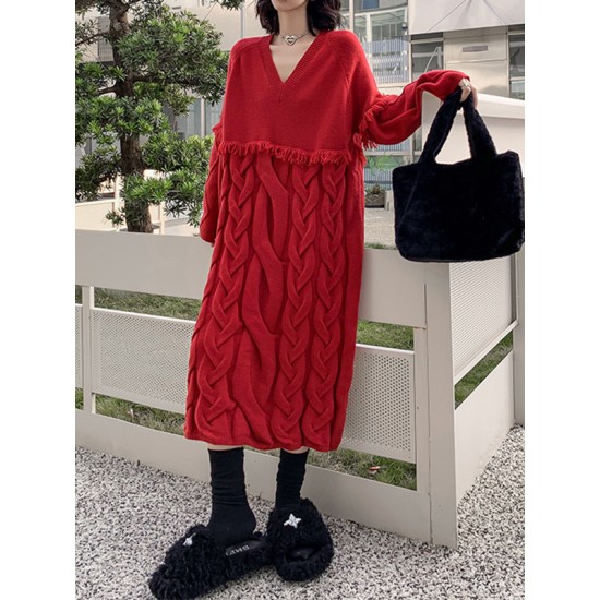 Solid Color Split-Joint Tasseled Long Sleeves Loose V-Neck Sweater Dresses Midi Dresses