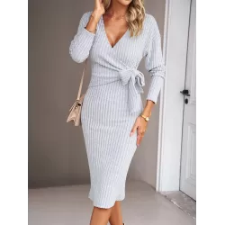 Asymmetric Solid Color Tied Waist High Waisted Long Sleeves Deep V-Neck Sweater Dresses Midi Dresses