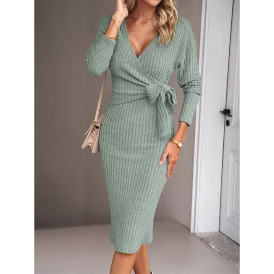 Asymmetric Solid Color Tied Waist High Waisted Long Sleeves Deep V-Neck Sweater Dresses Midi Dresses