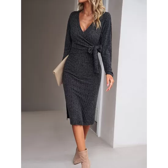 Asymmetric Solid Color Tied Waist High Waisted Long Sleeves Deep V-Neck Sweater Dresses Midi Dresses