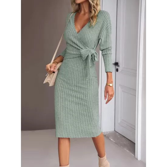 Asymmetric Solid Color Tied Waist High Waisted Long Sleeves Deep V-Neck Sweater Dresses Midi Dresses