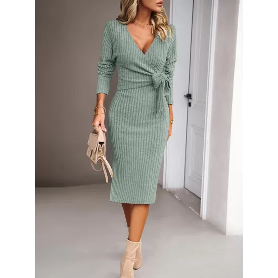 Asymmetric Solid Color Tied Waist High Waisted Long Sleeves Deep V-Neck Sweater Dresses Midi Dresses