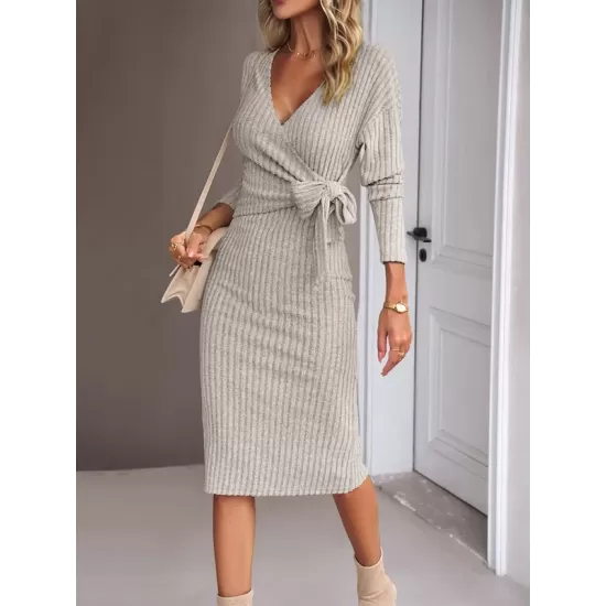 Asymmetric Solid Color Tied Waist High Waisted Long Sleeves Deep V-Neck Sweater Dresses Midi Dresses