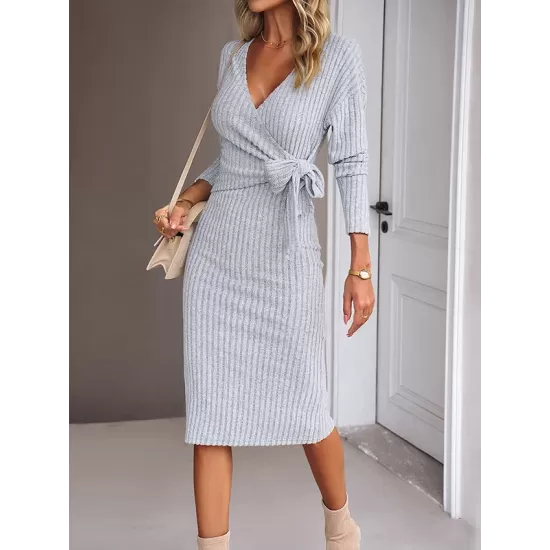 Asymmetric Solid Color Tied Waist High Waisted Long Sleeves Deep V-Neck Sweater Dresses Midi Dresses