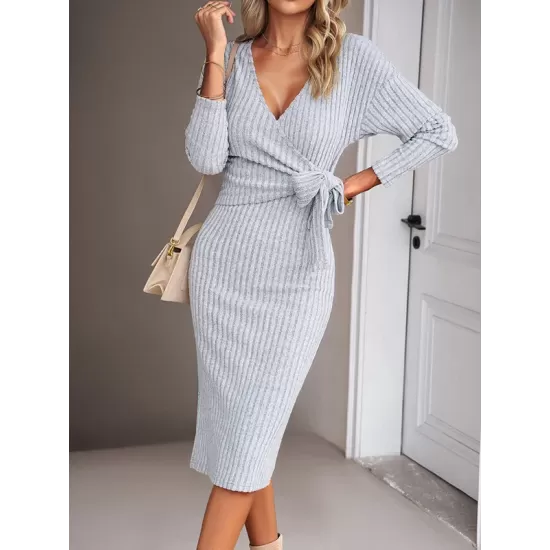 Asymmetric Solid Color Tied Waist High Waisted Long Sleeves Deep V-Neck Sweater Dresses Midi Dresses