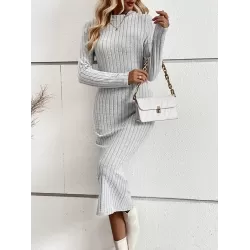 Solid Color Split-Joint Long Sleeves Skinny Round-Neck Sweater Dresses Midi Dresses