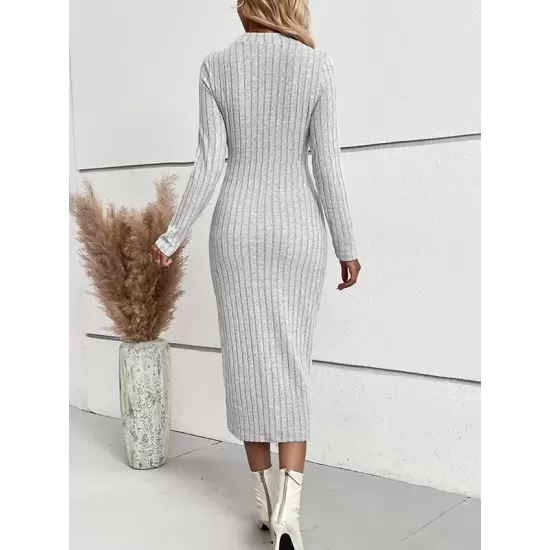 Solid Color Split-Joint Long Sleeves Skinny Round-Neck Sweater Dresses Midi Dresses