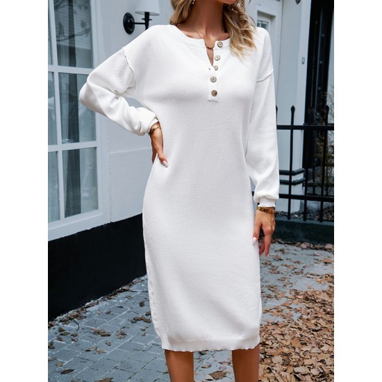 Buttoned Long Sleeves Loose Round-Neck Sweater Dresses Midi Dresses