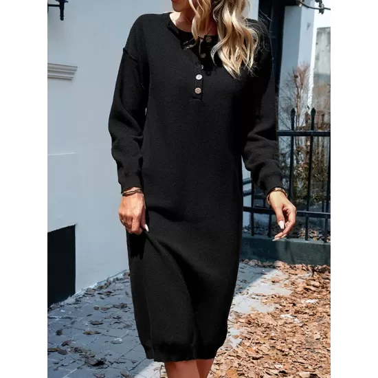 Buttoned Long Sleeves Loose Round-Neck Sweater Dresses Midi Dresses