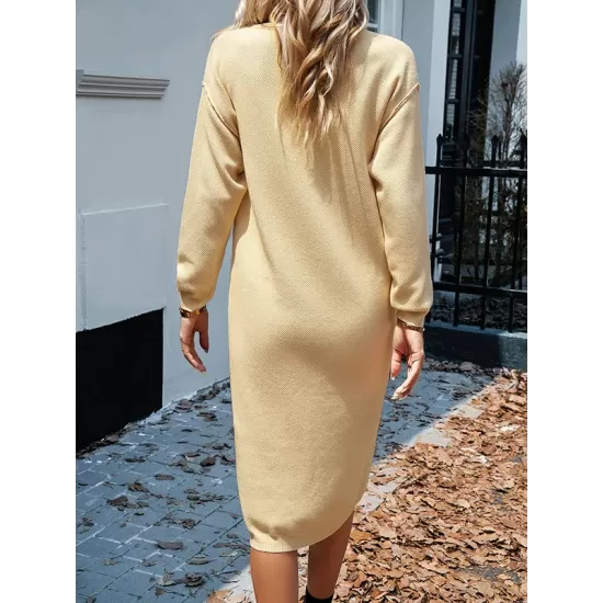 Buttoned Long Sleeves Loose Round-Neck Sweater Dresses Midi Dresses