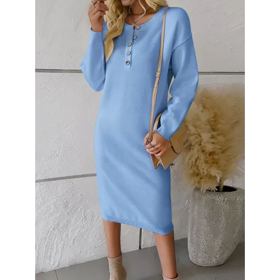 Buttoned Long Sleeves Loose Round-Neck Sweater Dresses Midi Dresses