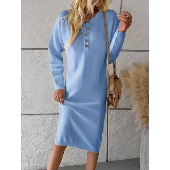 Buttoned Long Sleeves Loose Round-Neck Sweater Dresses Midi Dresses