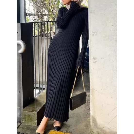 Flared Sleeves Skinny Pleated Solid Color Maxi Sweater Dresses