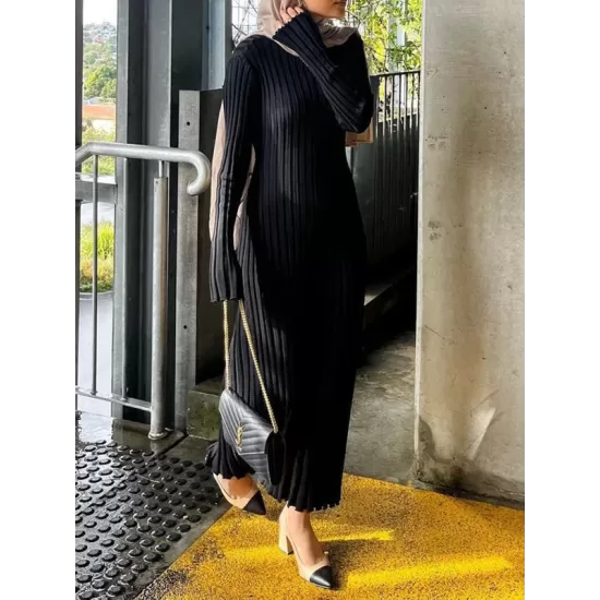 Flared Sleeves Skinny Pleated Solid Color Maxi Sweater Dresses