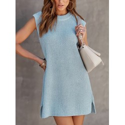 Solid Color Split-Side Tied Waist A-Line Loose Round-Neck Sweater Dresses Mini Dresses