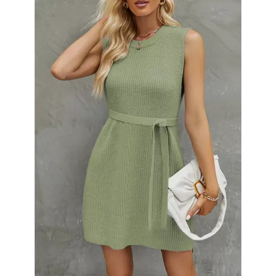 Solid Color Split-Side Tied Waist A-Line Loose Round-Neck Sweater Dresses Mini Dresses