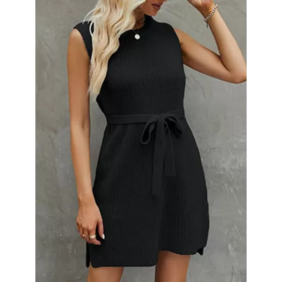 Solid Color Split-Side Tied Waist A-Line Loose Round-Neck Sweater Dresses Mini Dresses