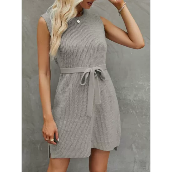 Solid Color Split-Side Tied Waist A-Line Loose Round-Neck Sweater Dresses Mini Dresses